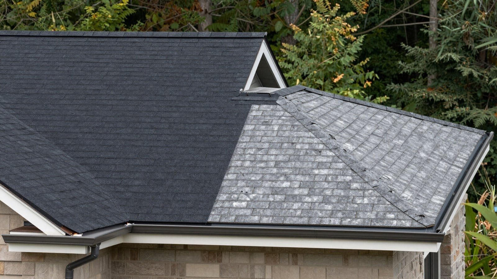 Close-up of asphalt shingles comparing faded color on one side with restored color on the other.