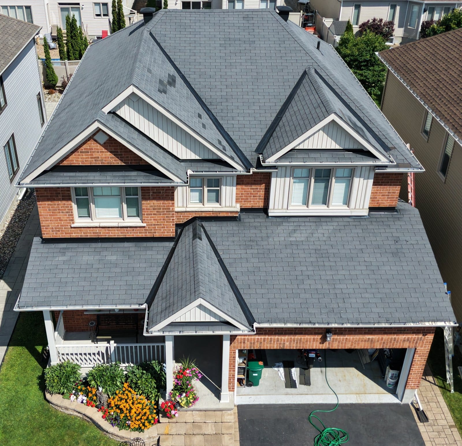 Aerial view of a residential asphalt shingle roof