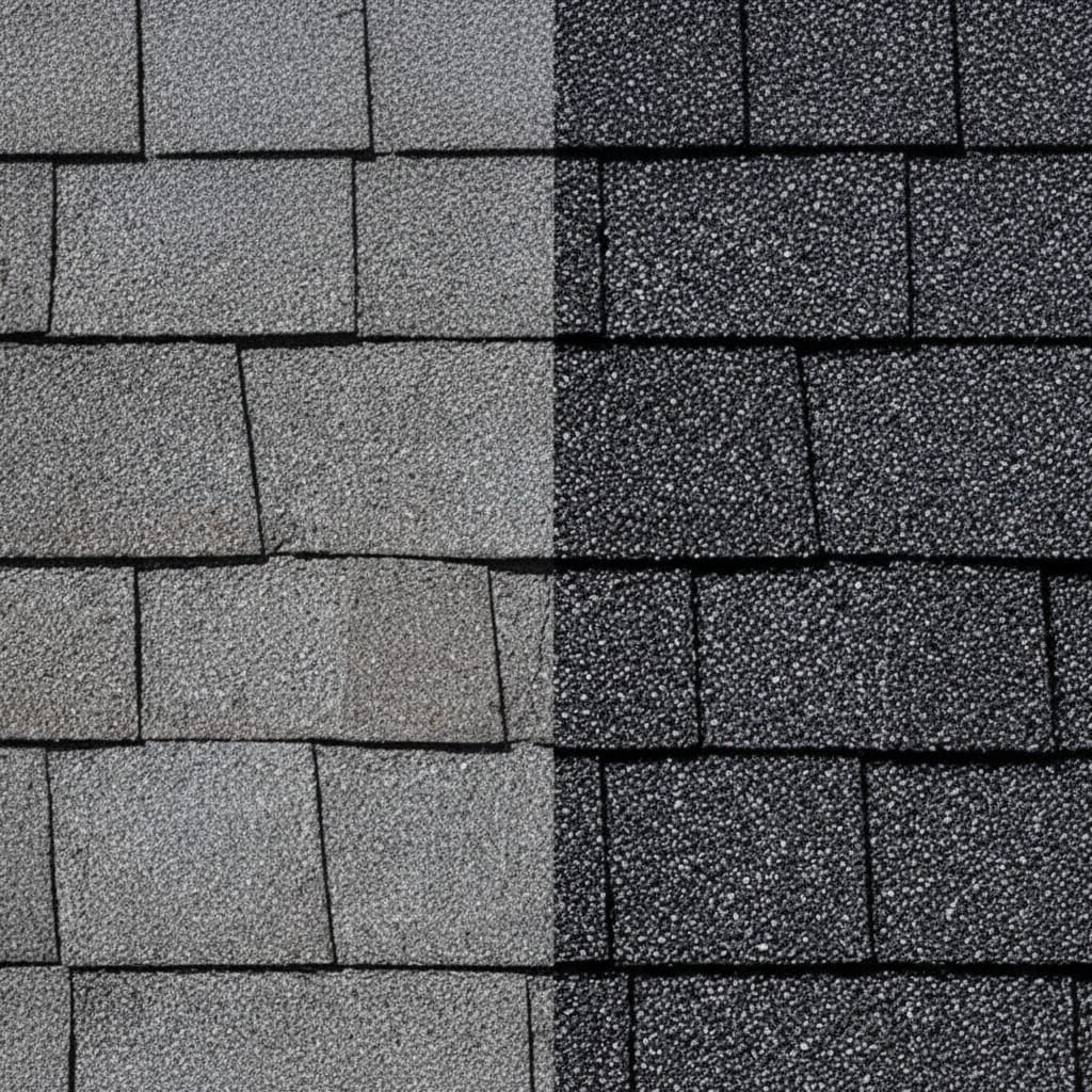 The same asphalt shingles, faded and dry on the left, darkened and conditioned on the right after rejuvenation.
