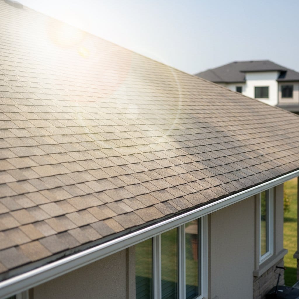 Sunlit asphalt shingle roof on a residential home, with a neighboring house in the background.