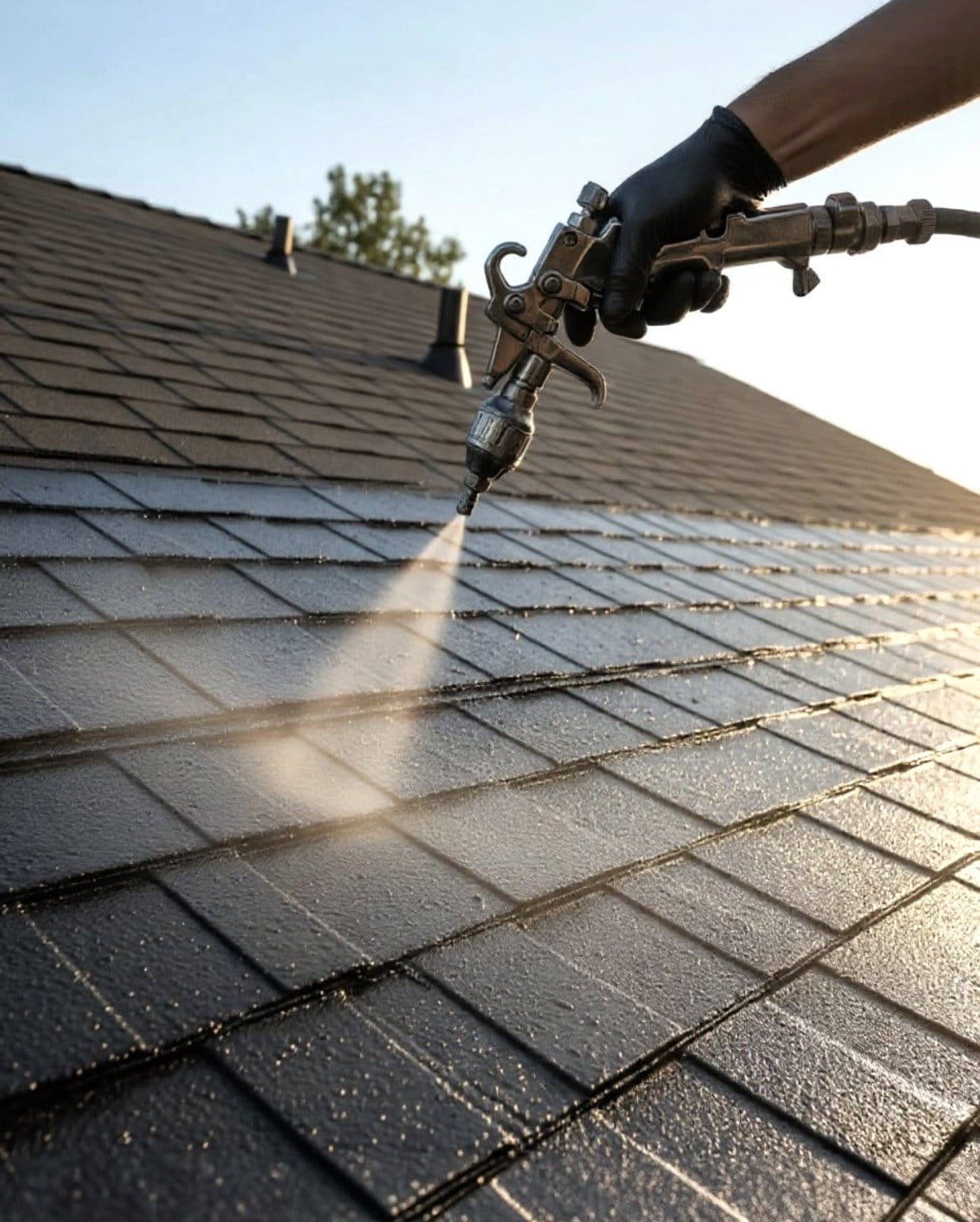 A gloved hand spraying roof rejuvenation treatment onto dark asphalt shingles.